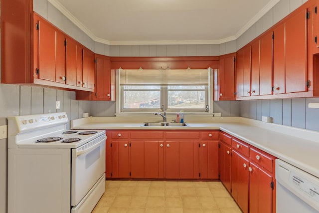 kitchen featuring sink, white appliances, and ornamental molding