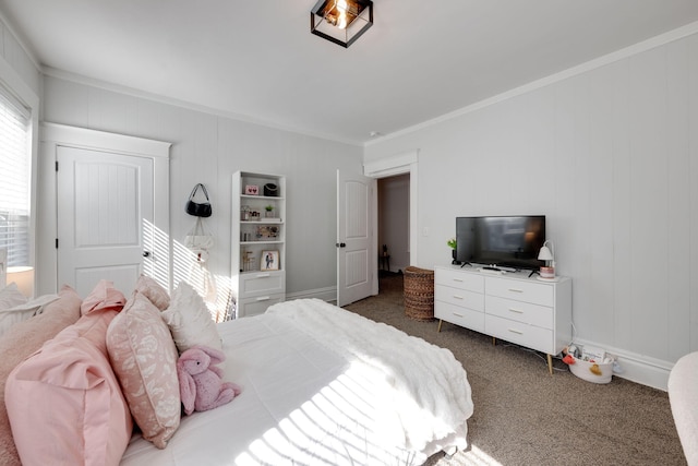 carpeted bedroom featuring ornamental molding