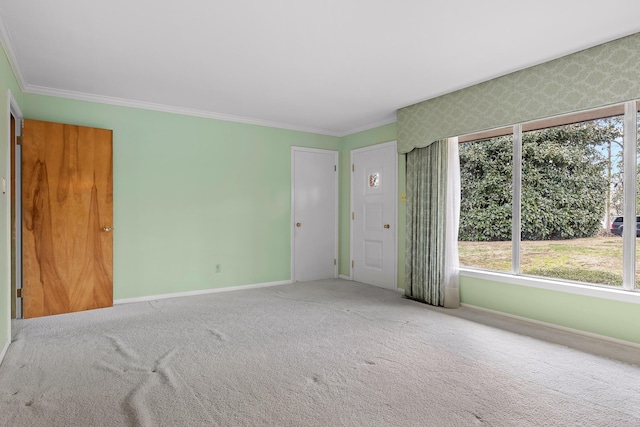 carpeted spare room featuring crown molding