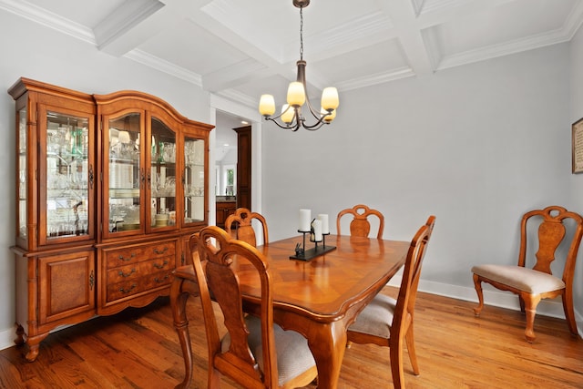 dining room with coffered ceiling, a notable chandelier, beam ceiling, and light wood-type flooring