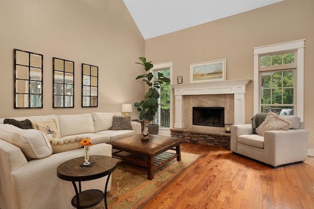 living room featuring a stone fireplace, wood-type flooring, and high vaulted ceiling