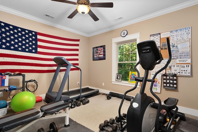 exercise room with crown molding and ceiling fan