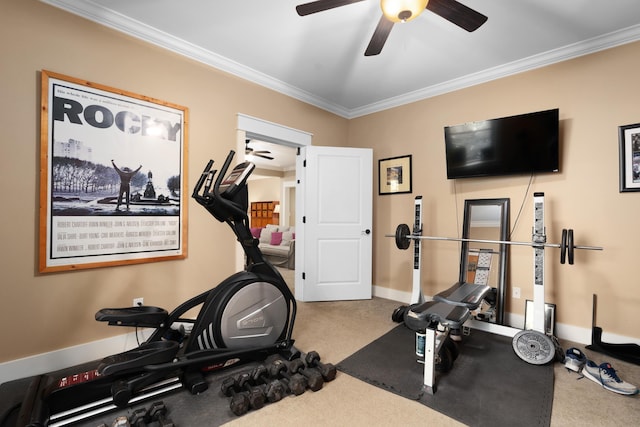 workout room featuring crown molding, carpet flooring, and ceiling fan