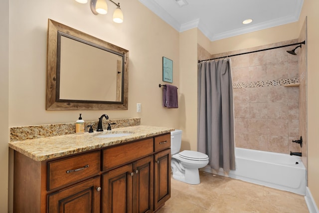 full bathroom featuring vanity, ornamental molding, shower / bath combination with curtain, and toilet