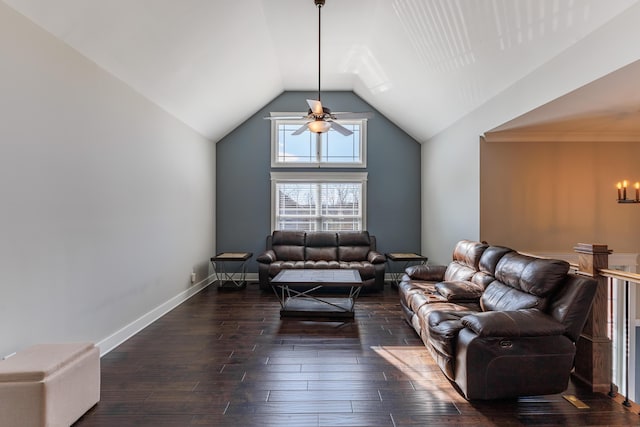 living room featuring ceiling fan, lofted ceiling, and dark hardwood / wood-style flooring