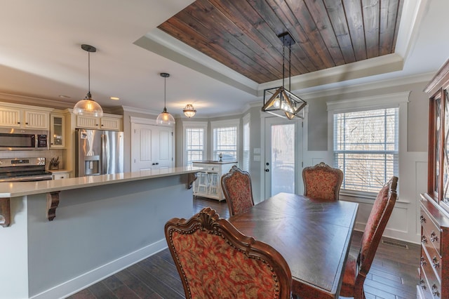 dining room with crown molding, dark hardwood / wood-style flooring, a raised ceiling, and wooden ceiling