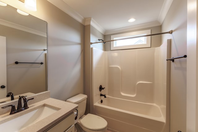 full bathroom with shower / bathing tub combination, vanity, ornamental molding, and toilet