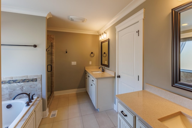 bathroom featuring vanity, crown molding, tile patterned floors, and shower with separate bathtub