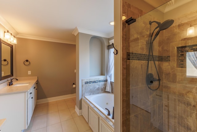 bathroom with vanity, tile patterned flooring, ornamental molding, and shower with separate bathtub