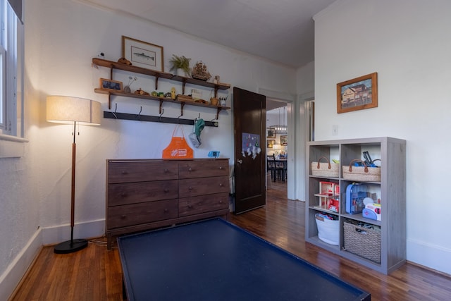 game room with dark hardwood / wood-style flooring