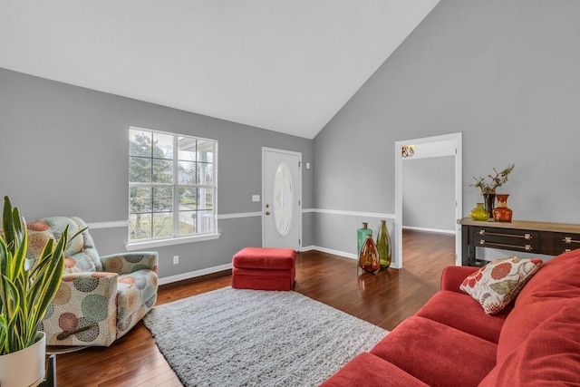 living room featuring high vaulted ceiling and dark hardwood / wood-style floors