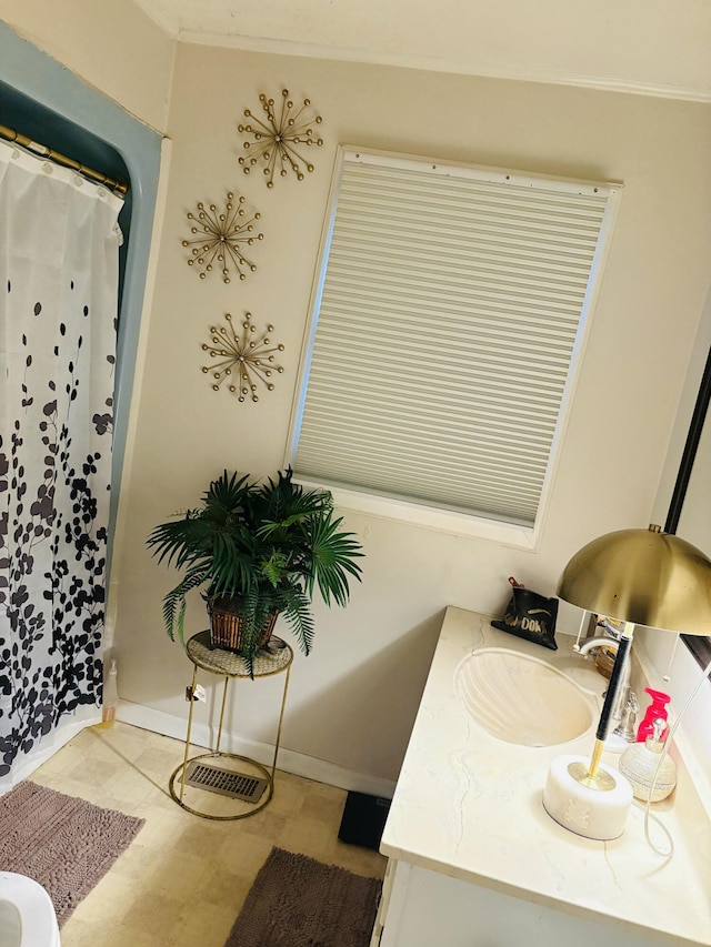 bathroom featuring vanity and a shower with shower curtain