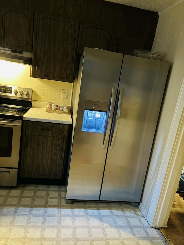 kitchen with stainless steel appliances, ventilation hood, and dark brown cabinets