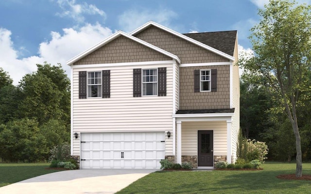 craftsman-style house featuring a garage and a front lawn