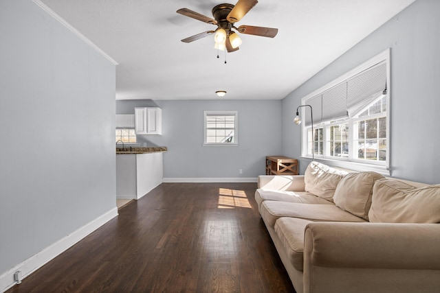 living room featuring dark wood-type flooring, ceiling fan, crown molding, and sink