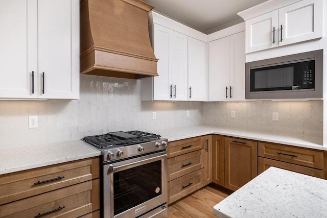 kitchen featuring appliances with stainless steel finishes, premium range hood, white cabinetry, and tasteful backsplash