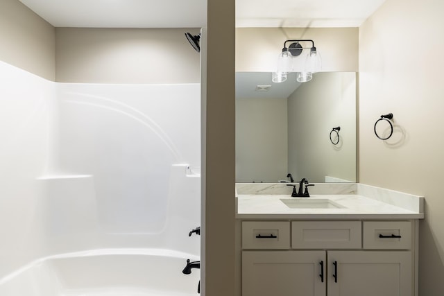 full bath with shower / washtub combination, visible vents, and vanity