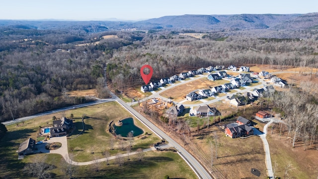 aerial view featuring a mountain view and a wooded view