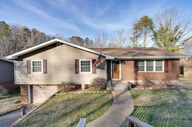 ranch-style house with a garage and a front yard