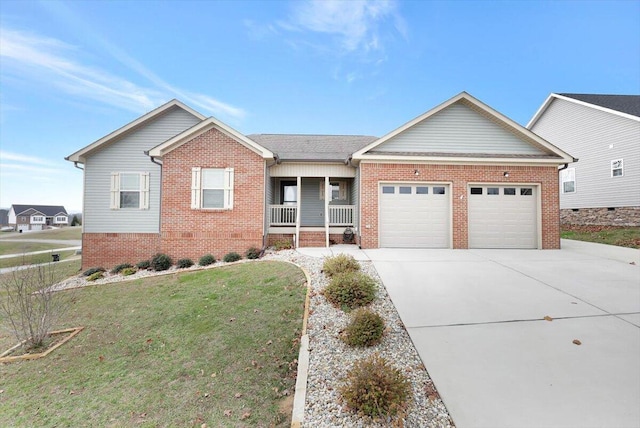 single story home with a garage, a porch, and a front yard