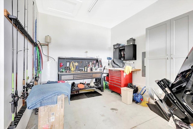 interior space with concrete flooring and electric panel