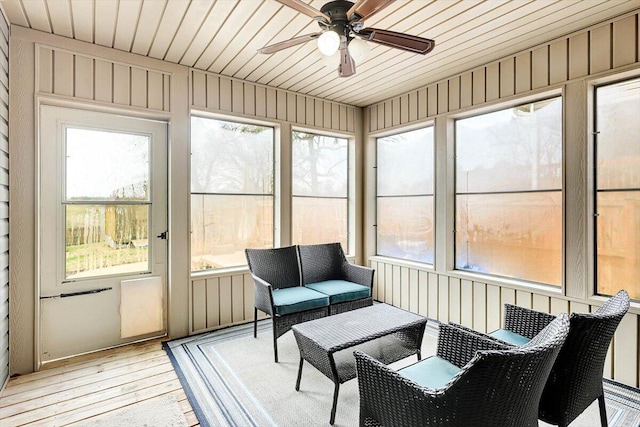 sunroom featuring wood ceiling and ceiling fan