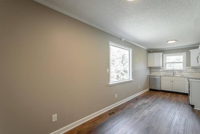 kitchen featuring white cabinetry, sink, dark hardwood / wood-style flooring, and dishwasher