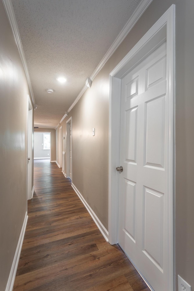 hall featuring crown molding, dark wood-type flooring, and a textured ceiling