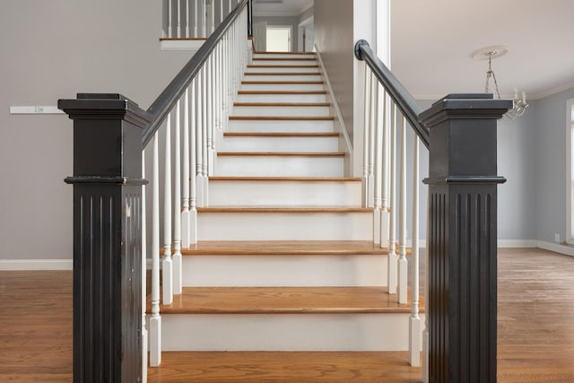 staircase with ornamental molding and wood-type flooring