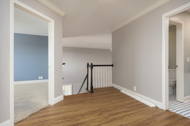 hallway with ornamental molding and hardwood / wood-style floors