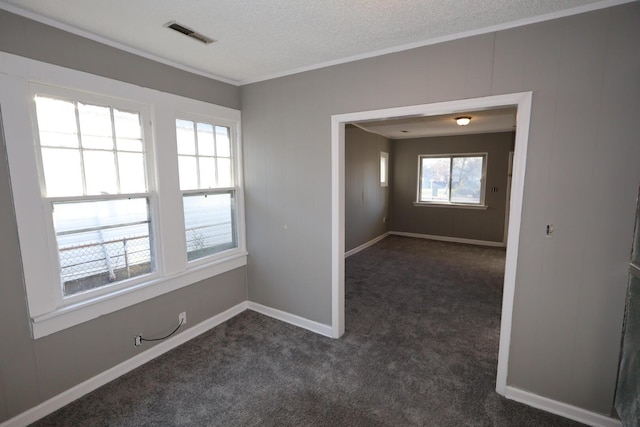 carpeted spare room featuring ornamental molding and a textured ceiling