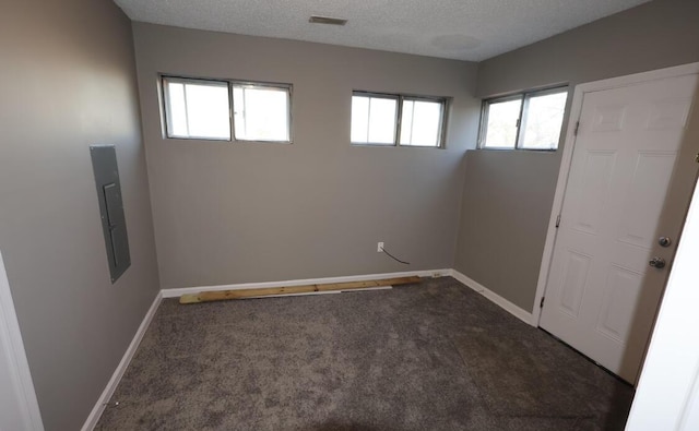 carpeted empty room with electric panel and a textured ceiling