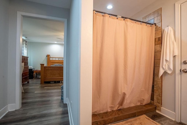 bathroom with hardwood / wood-style floors and a shower with curtain