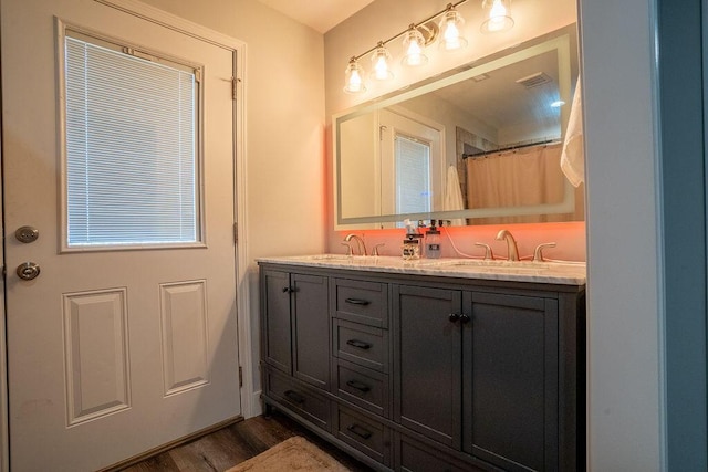 bathroom with vanity and hardwood / wood-style floors