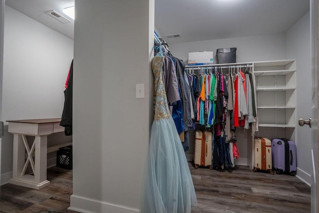 spacious closet with dark wood-type flooring