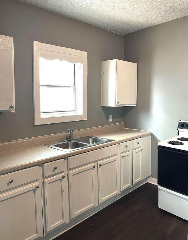 kitchen featuring sink, a textured ceiling, dark hardwood / wood-style floors, electric stove, and white cabinets