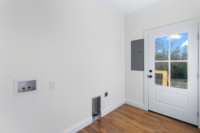 washroom with electric dryer hookup, hardwood / wood-style floors, electric panel, washer hookup, and ornamental molding