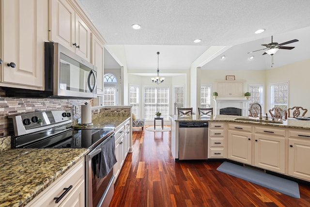 kitchen with appliances with stainless steel finishes, a healthy amount of sunlight, a sink, and dark wood-style floors