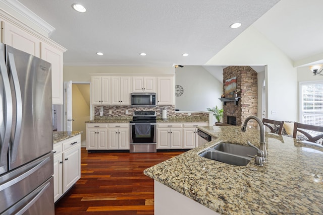 kitchen featuring appliances with stainless steel finishes, dark wood-type flooring, vaulted ceiling, a fireplace, and a sink