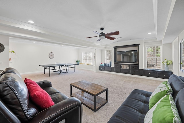 living area featuring carpet floors, ornamental molding, recessed lighting, and baseboards