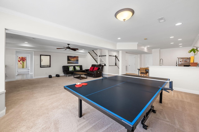 rec room with carpet, baseboards, crown molding, and recessed lighting