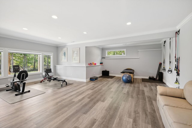 workout room featuring crown molding and light wood-type flooring