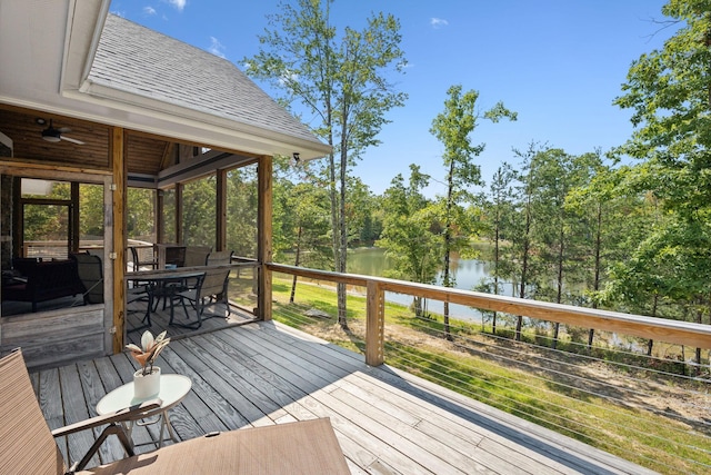 wooden deck with a water view and a sunroom