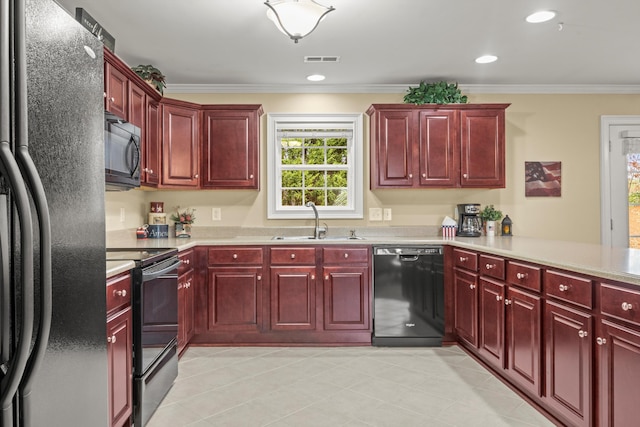 kitchen featuring crown molding, sink, kitchen peninsula, and black appliances