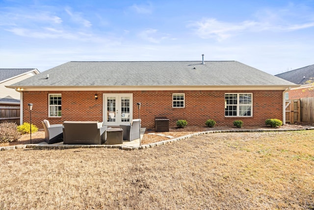 back of property featuring french doors, outdoor lounge area, central AC unit, and a patio area