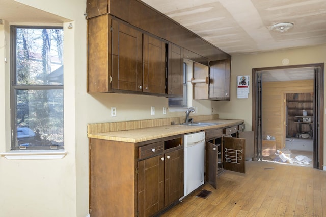 kitchen featuring white dishwasher, sink, dark brown cabinets, and light wood-type flooring