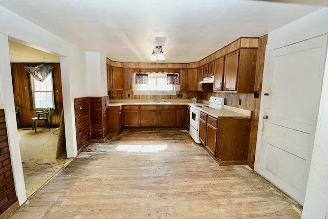 kitchen featuring sink, electric range, light hardwood / wood-style floors, and wood walls