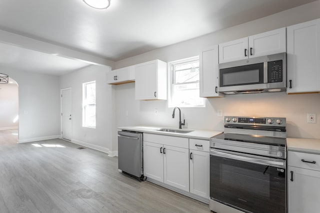 kitchen with a healthy amount of sunlight, sink, white cabinets, and appliances with stainless steel finishes