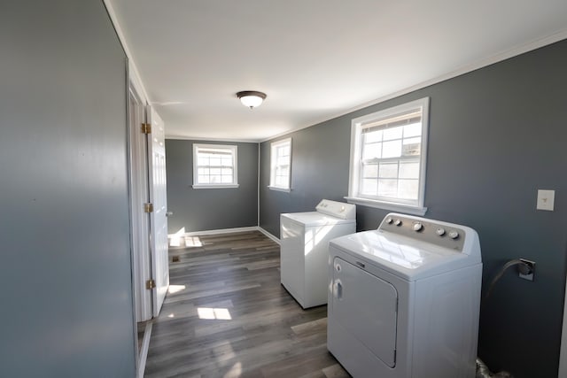 washroom with ornamental molding, dark hardwood / wood-style floors, and washer and clothes dryer