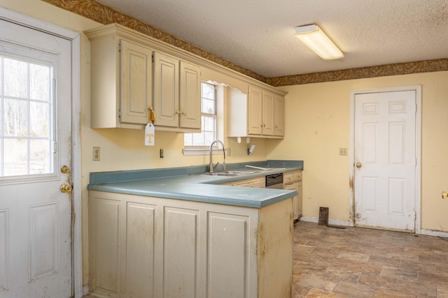 kitchen with sink, dishwasher, cream cabinetry, and a textured ceiling